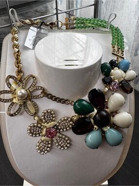Multi-Color Floral Statement Necklace - Green, Teal & Cream